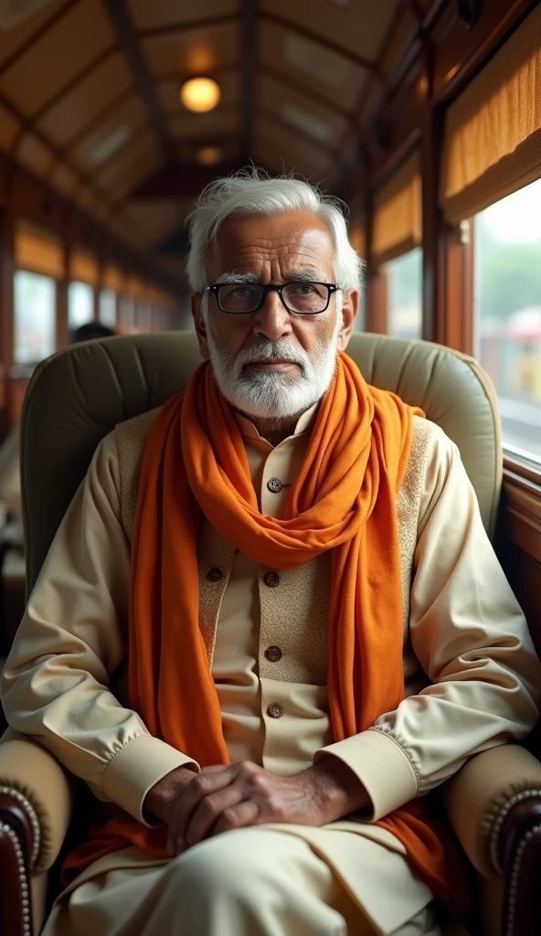 Create an image of a dignified-looking elderly Indian man sitting in an old-fashioned train compartment. He has a white beard and short white hair, is wearing traditional Indian attire consisting of a beige kurta and matching vest, and has a saffron scarf wrapped around his neck. He is wearing glasses, and his demeanor is serious and restrained, reflecting wisdom and experience. The background has warm lighting that creates a nostalgic glow, highlighting the wooden interiors of the train compartment. The overall atmosphere should evoke a sense of heritage and tradition