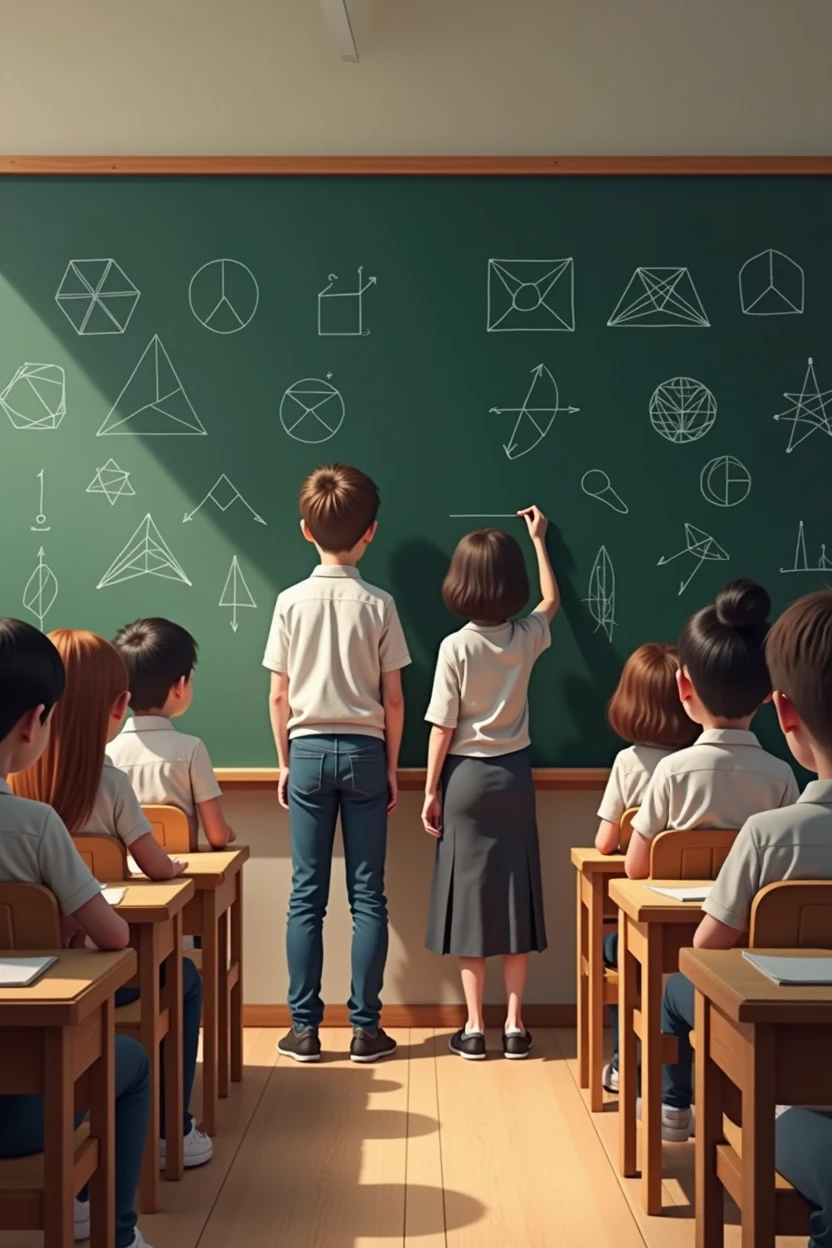 I want two columns of students standing and the first 2 writing feometric figures on the board