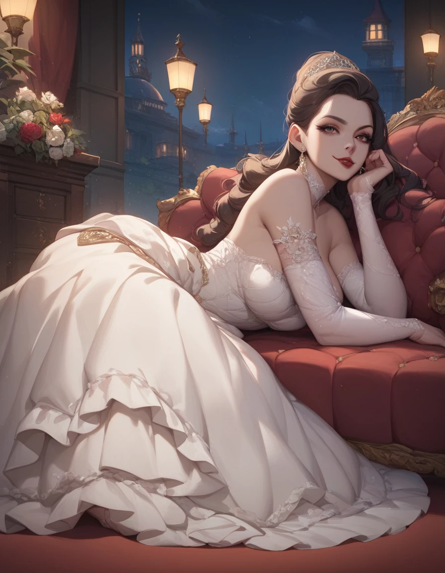 1 girl, Furina, sleeping white dress, hall way(Red carpet fancy architecture), looking at up viewer, cocky smirk, 8k, masterpiece, night, best quality, detailed eyes, (SuperQuality:1.0) ~ (SuperQuality:1.2)