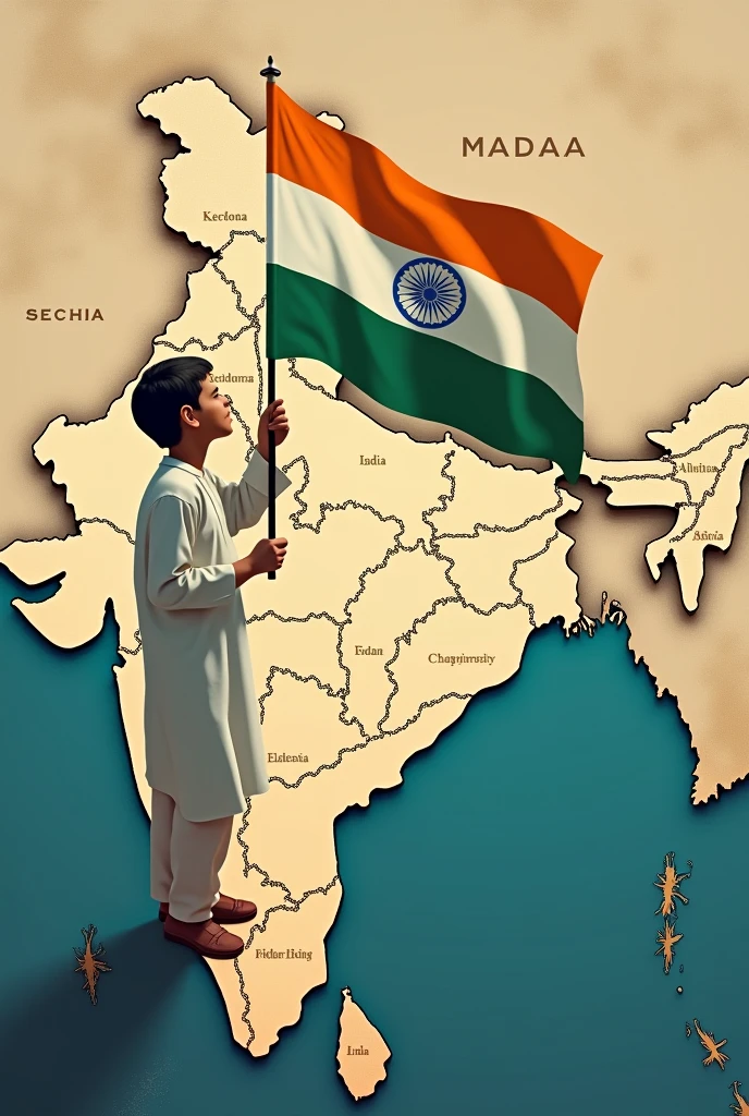 একজন মাদ্রাসার ছাত্র ভারতীয় জাতীয় পতাকা ধরে ভারতের ম্যাপের কিনারে দাঁড়াইয়া আছে