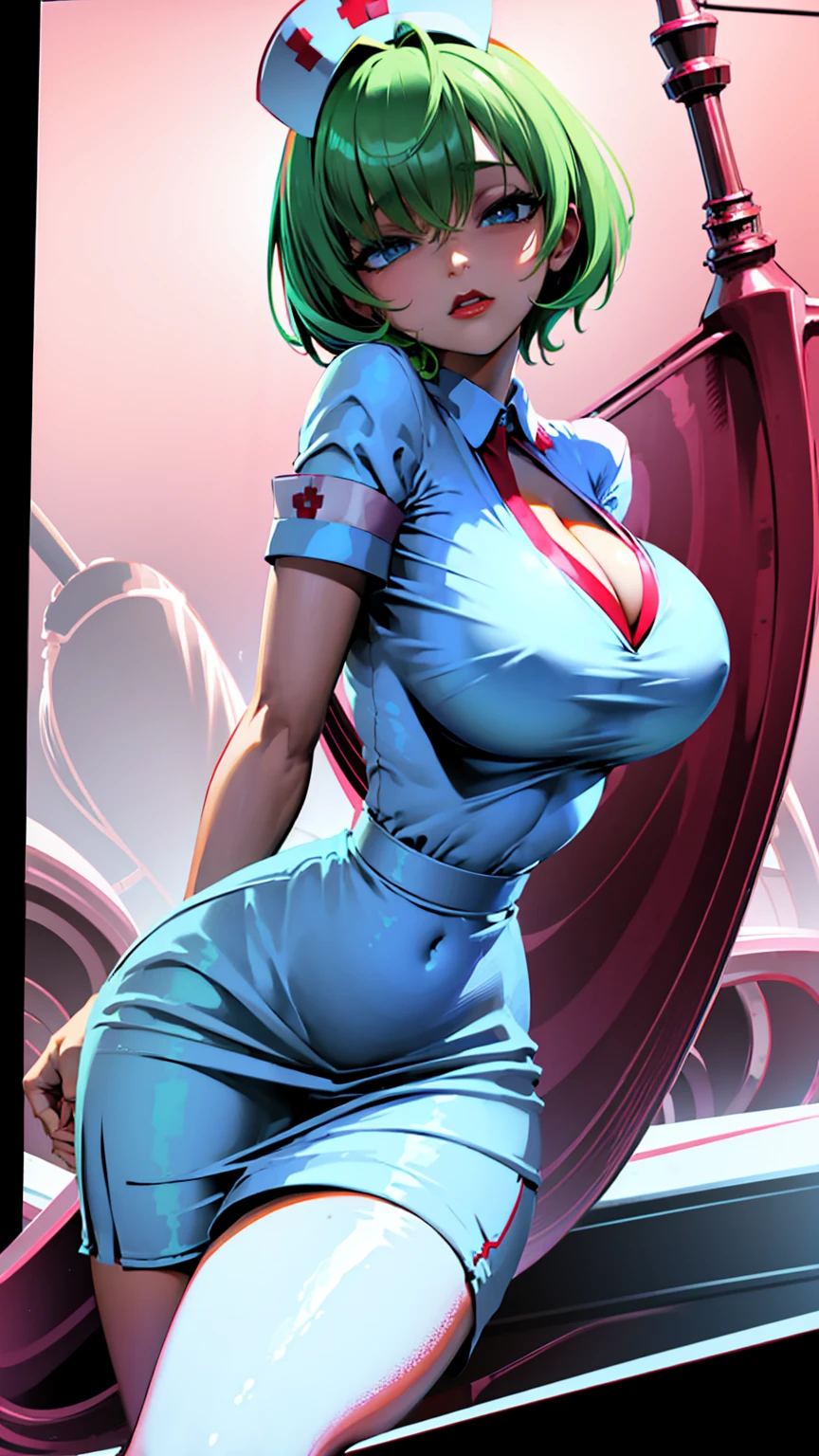 nurse outfit, large breast, big breast, cleavage, short green hair, blue eyes