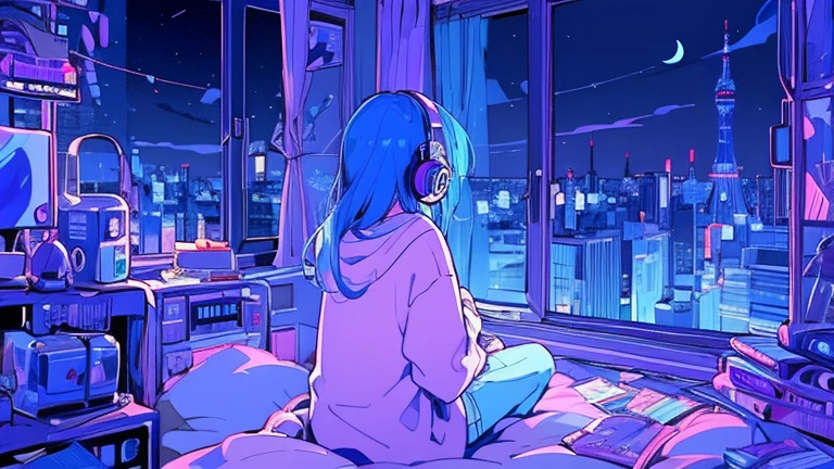 (From behind), Animated cartoon character sitting in front of a computer in a cozy bedroom, Listen to music in a cozy room (night), Use headphones, On the roof, (beautiful night views from windows), Lots of things, 2D Anime Style, The aesthetics of anime in the 90s, Lo-Fi, Very detailed, hard disk, A mix of anime style and Fujifilm, Surreal, 8k, masterpiece,looking at the camera