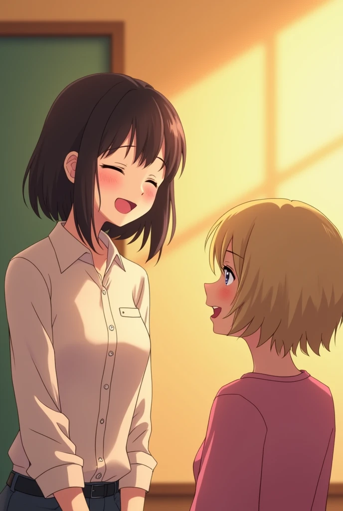 An 18-year-old Japanese woman、I am taking singing lessons from a 30-year-old Japanese woman.。Both of them have low noses、The chin is short、Long sleeve blouse and small chest。The 18-year-old girl has dark brown hair with bangs.、Standing facing the screen and singing with your mouth wide open。The 30-year-old woman has short curly blonde hair and is wearing pink clothing.、He's sitting and facing away so I can't see his face。They're both smiling and looking very happy。The room is bright and bright.、The wall color is champagne gold。There is about a meter between them。It's a photo of a real person.。