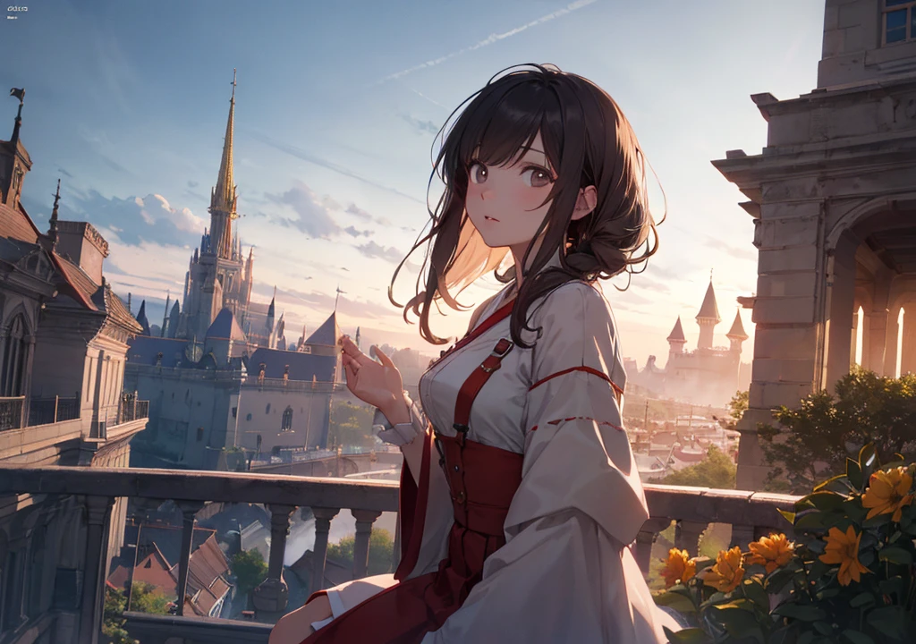Realistic photos, Focus distance 10mm, Red and white, Beautiful girl, Realistic photos, Shooting at focus distance 10mm, masterpiece, 最high quality, high quality, Very detailed CG 8k wallpaper unit, Award-winning photography, Depth of written boundary, High resolution, bloom, chromatic aberration, Realistic, Very detailed, Art Station Trends, CGsociety Trends, Complex, High detail, dramatic, Art on the go, volumetric lighting, A beautiful Disney princess-esque girl meditates on the balcony of her castle. She sits on the breezy balcony, calming herself as she looks out over the kingdom that stretches out in the distance, with the morning light shining in the background