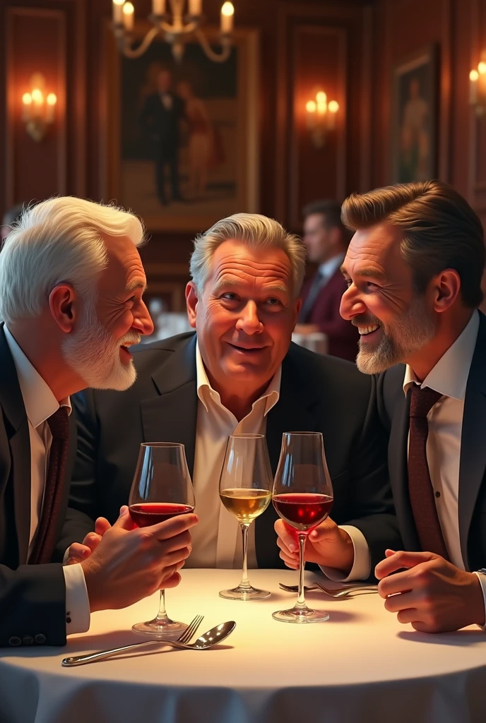 three mens friend talking each other in a restaurant with three glass of wine glass 