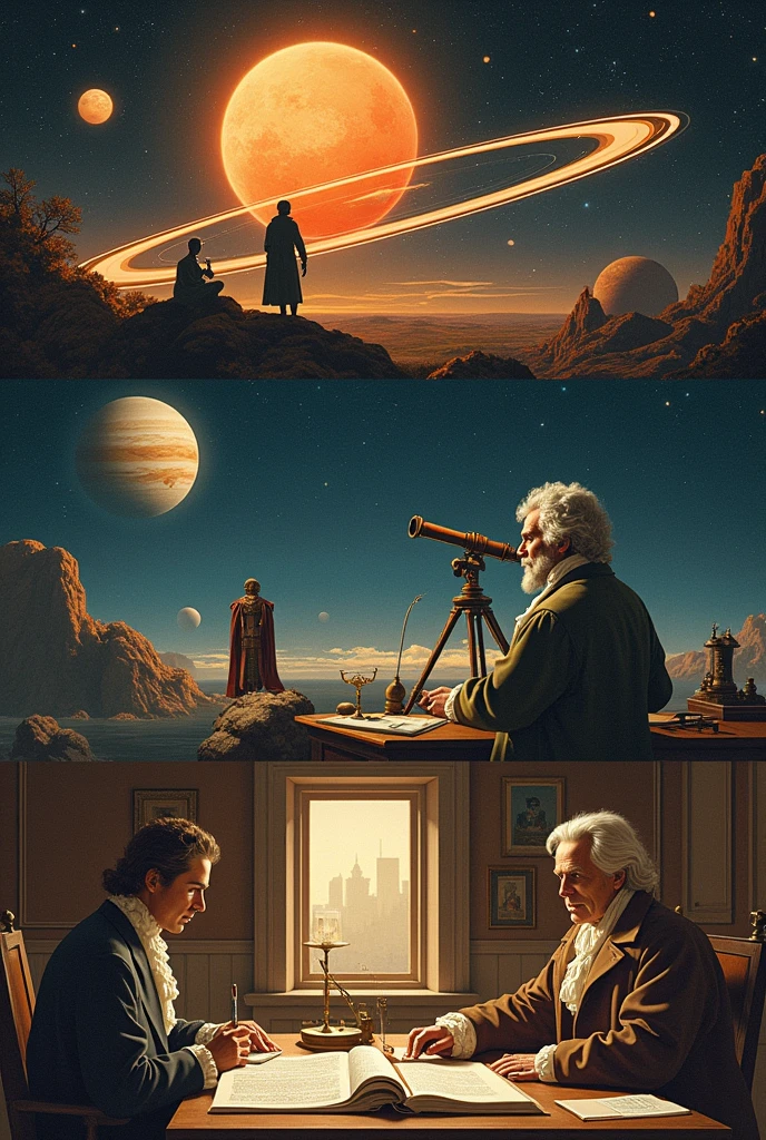 Three images: One with the elliptical orbit of Mars and Kepler&#39;s laws, another with Galileo observing through his telescope and the satellites of Jupiter, and another with Newton writing the laws of dynamics and gravity.
