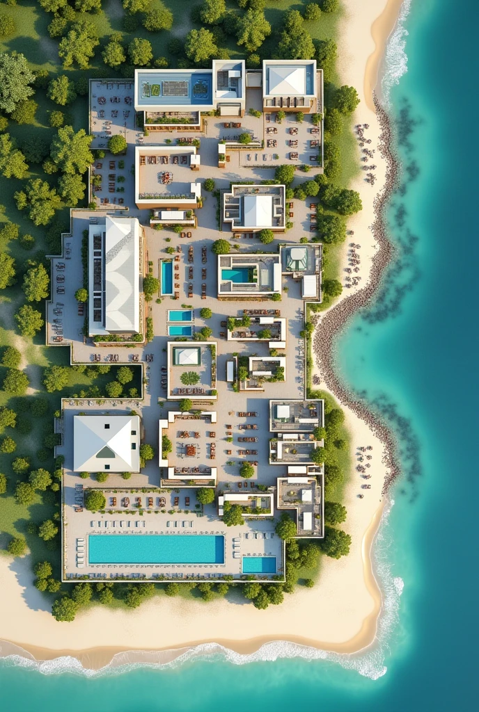 1D beach hotel floor plan containing reception area, a restaurant, The recreation space, the rooms, A SPA area, An area for people with disabilities, 3 swimming pools, Connection with green areas, That can be like an open space, The L-shaped parking lot One part in front and the rest alongside, 2 closed sewage wells in the green area outside the hotel