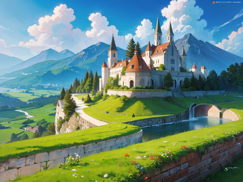 In this anime-style fantasy world, you see an expansive green landscape stretching as far as the eye can see. The sky is clear blue with a few scattered white clouds, and the warm sunlight bathes the scene, giving it a peaceful and inviting atmosphere.
In the distance, there's a small town filled with houses with orange and red rooftops. The most prominent feature is a large stone castle perched on a hill, with tall towers that stand out against the horizon. Some towers have flags gently waving in the breeze. Roads and bridges connect various parts of the town, making it look like something straight out of a fairy tale.
The vast green fields are dotted with large trees, and in some areas, colorful flowers bloom, adding vibrancy to the scene. A small river winds its way through the landscape, creating a soft, calming sound as it flows.
You might also spot some fantastical creatures, like small dragons or cute animals, wandering through the fields, adding a touch of magic and otherworldliness to the scene.
This description should help you visualize the anime-style fantasy world with a vast green landscape and a distant town clearly and vividly