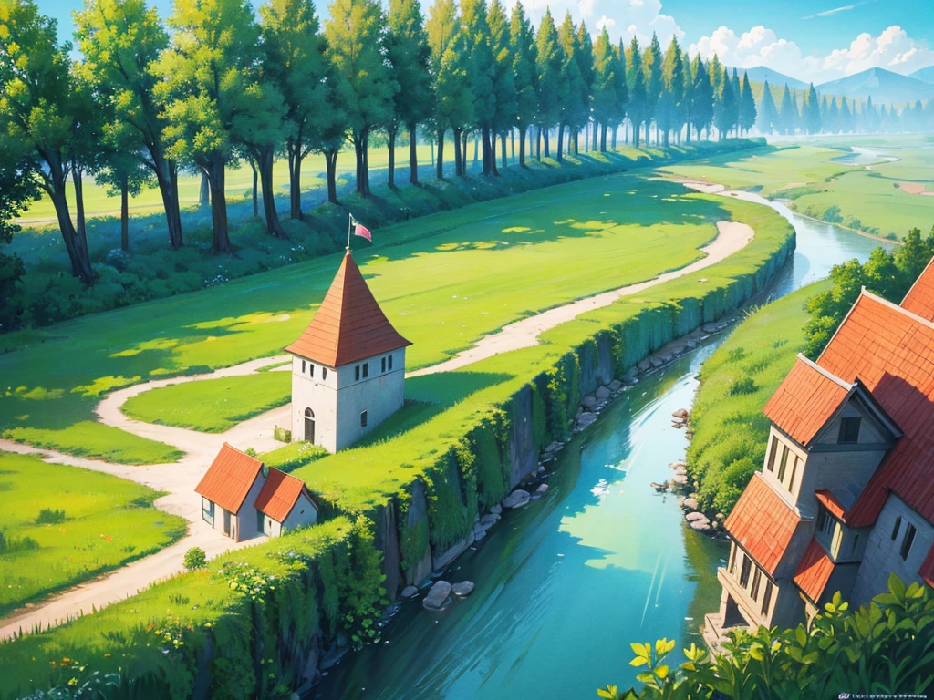 In this anime-style fantasy world, you see an expansive green landscape stretching as far as the eye can see. The sky is clear blue with a few scattered white clouds, and the warm sunlight bathes the scene, giving it a peaceful and inviting atmosphere.
In the distance, there's a small town filled with houses with orange and red rooftops. The most prominent feature is a large stone castle perched on a hill, with tall towers that stand out against the horizon. Some towers have flags gently waving in the breeze. Roads and bridges connect various parts of the town, making it look like something straight out of a fairy tale.
The vast green fields are dotted with large trees, and in some areas, colorful flowers bloom, adding vibrancy to the scene. A small river winds its way through the landscape, creating a soft, calming sound as it flows.
You might also spot some fantastical creatures, like small dragons or cute animals, wandering through the fields, adding a touch of magic and otherworldliness to the scene.
This description should help you visualize the anime-style fantasy world with a vast green landscape and a distant town clearly and vividly