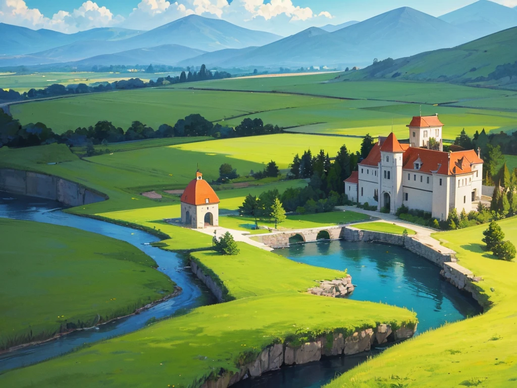 In this anime-style fantasy world, you see an expansive green landscape stretching as far as the eye can see. The sky is clear blue with a few scattered white clouds, and the warm sunlight bathes the scene, giving it a peaceful and inviting atmosphere.

In the distance, there's a small town filled with houses with orange and red rooftops. The most prominent feature is a large stone castle perched on a hill, with tall towers that stand out against the horizon. Some towers have flags gently waving in the breeze. Roads and bridges connect various parts of the town, making it look like something straight out of a fairy tale.

The vast green fields are dotted with large trees, and in some areas, colorful flowers bloom, adding vibrancy to the scene. A small river winds its way through the landscape, creating a soft, calming sound as it flows.

You might also spot some fantastical creatures, like small dragons or cute animals, wandering through the fields, adding a touch of magic and otherworldliness to the scene.

This description should help you visualize the anime-style fantasy world with a vast green landscape and a distant town clearly and vividly