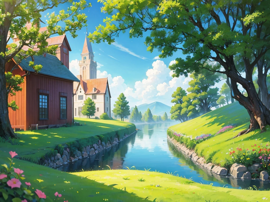 In this anime-style fantasy world, you see an expansive green landscape stretching as far as the eye can see. The sky is clear blue with a few scattered white clouds, and the warm sunlight bathes the scene, giving it a peaceful and inviting atmosphere.

In the distance, there's a small town filled with houses with orange and red rooftops. The most prominent feature is a large stone castle perched on a hill, with tall towers that stand out against the horizon. Some towers have flags gently waving in the breeze. Roads and bridges connect various parts of the town, making it look like something straight out of a fairy tale.

The vast green fields are dotted with large trees, and in some areas, colorful flowers bloom, adding vibrancy to the scene. A small river winds its way through the landscape, creating a soft, calming sound as it flows.

You might also spot some fantastical creatures, like small dragons or cute animals, wandering through the fields, adding a touch of magic and otherworldliness to the scene.

This description should help you visualize the anime-style fantasy world with a vast green landscape and a distant town clearly and vividly