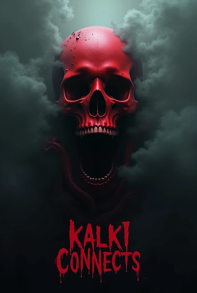 Red skull without lower jaw and dark fog surrounding it with "Kalki Connects" written on it