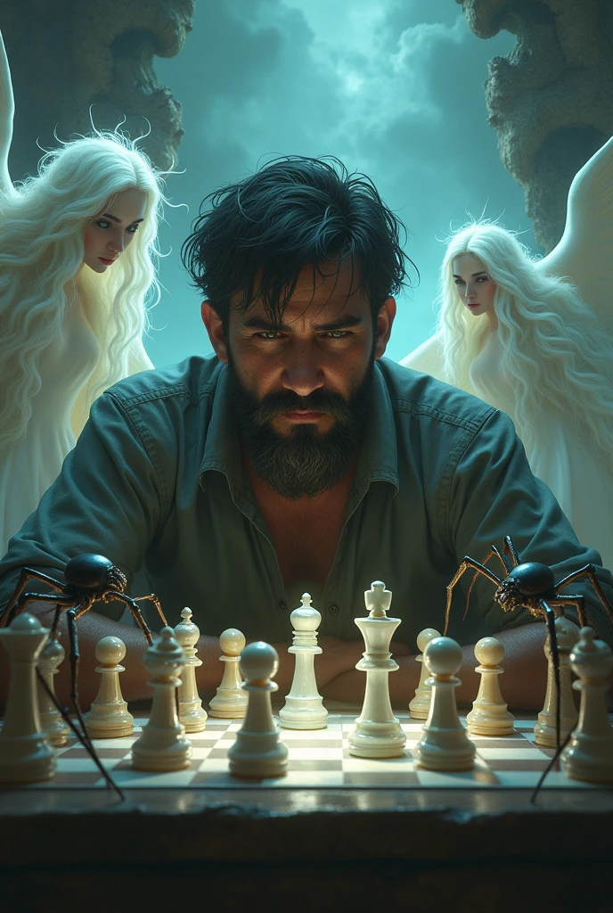 A man with a thick beard and short Mexican hair playing chess with angels and some spiders