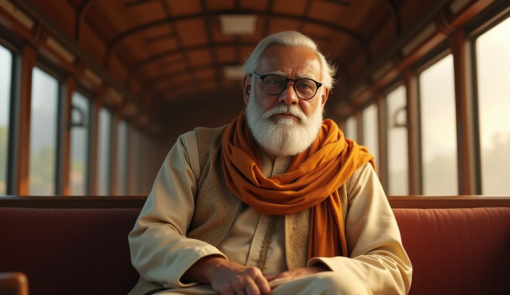 Create an image of a dignified-looking elderly Indian man sitting in an old-fashioned train compartment. He has a white beard and short white hair, is wearing traditional Indian attire consisting of a beige kurta and matching vest, and has a saffron scarf wrapped around his neck. He is wearing glasses, and his demeanor is serious and restrained, reflecting wisdom and experience. The background has warm lighting that creates a nostalgic glow, highlighting the wooden interiors of the train compartment. The overall atmosphere should evoke a sense of heritage and tradition