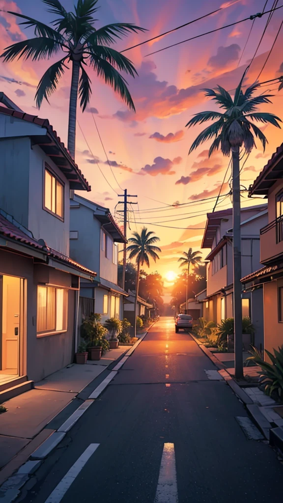 Digital illustration depicting a vibrant sunset scene in a tropical setting. The layout features a street lined with palm trees and small houses with tiled roofs on the left side. A classic red car is parked on the street, facing away from the viewer, with its license plate visible. The sky is ablaze with shades of orange, red, and purple, casting a warm glow over the entire scene. Power lines stretch across the sky, and birds can be seen flying in the distance. The overall atmosphere is serene and nostalgic, capturing the beauty of a tropical sunset. The artist's signature is present in the bottom right corner.