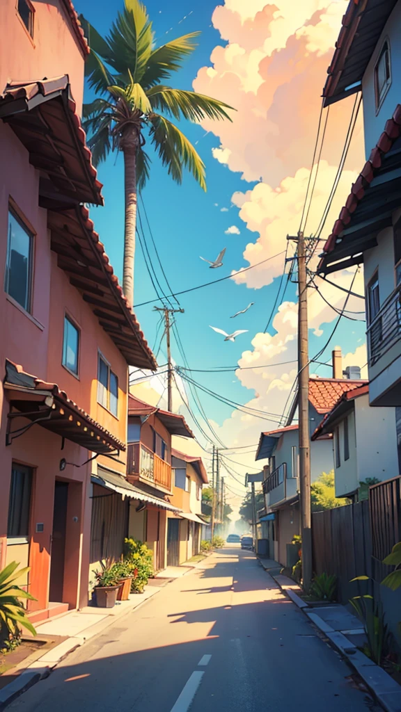 Digital illustration depicting a vibrant sunset scene in a tropical setting. The layout features a street lined with palm trees and small houses with tiled roofs on the left side. A classic red car is parked on the street, facing away from the viewer, with its license plate visible. The sky is ablaze with shades of orange, red, and purple, casting a warm glow over the entire scene. Power lines stretch across the sky, and birds can be seen flying in the distance. The overall atmosphere is serene and nostalgic, capturing the beauty of a tropical sunset. The artist's signature is present in the bottom right corner.