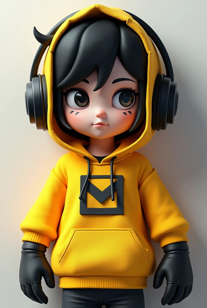 A Minecraft skin, a yellow Hoodie with .. letter on chest, wear gaming headphones and black gloves on hand,...... eye, black hair, black make a 3d texture poster with thanks for 500 text