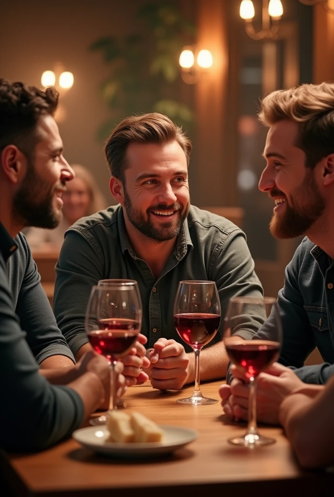 three mens friend talking each other in a restaurant with three glass of wine glass