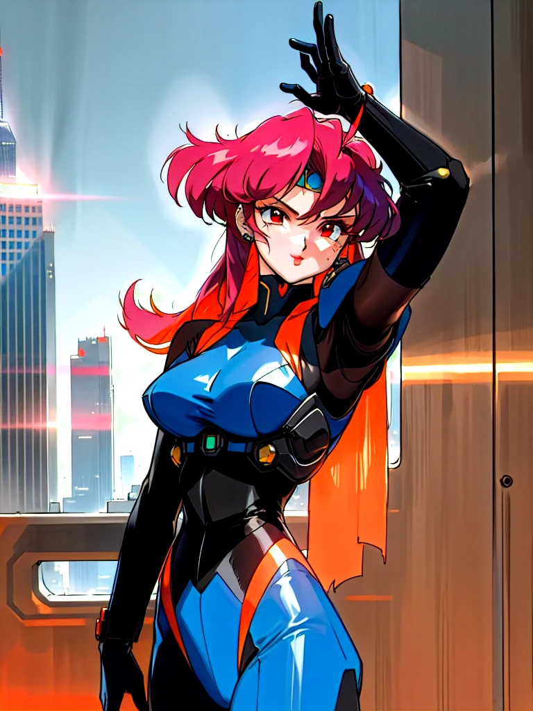 Kenichi Sonoda, retro art-style, 90s Japanese Anime Style, "bubblegum crisis", Sci-fi, Cyberpunk, Neon, Dystopia, (Amid the neon-soaked skyline of towering skyscrapers in mega Tokyo, 20-year-old anime beauty Pris stands alone on a gleaming skyscraper spire, bathed in the dazzling glow of the full moon. Her striking features are accentuated by a dark blue metal hard suit adorned with vibrant orange lines inspired by Syd Mead's industrial machine designs. Her brown medium-length hair frames her piercing gaze while she flashes a confident smile at the viewer. With fearless determination etched on her face, Pris is imposing and her entire presence exudes an aura of cool, stylish elegance. The smooth curves of her shadow, backlit by the moon, create a captivating silhouette, showcasing her unparalleled charm. (She takes off her uncomfortable full-face headset and lets her hair flow freely in the cool night breeze.), A beauty under the watchful eye of the city's towering skyscrapers.), 1girl, solo, The main character, "Priss", 20yo, anime beauty, Cool beauty, Unparalleled beauty, Brown medium length hair, forehead, red eyes, Cold and sharp eyes, harsh brushstrokes, dramatic lighting, A dark blue metal hard suit with orange lines has a sophisticated design, fearless look, an expression of ridicule, smile, Standing alone in the backlight, she looks cool and stylish, Standing, (Glaring at viewer), close-up photography of upper body, bust shot, Depth of field, character focus, (masterpiece, Award-winning work, extreme quality, ultra high definition, all intricate, overall detailed, very aesthetic, boast pompously, focus on entire screen, asymmetrical, raytraced, caustics, textile shading, incredibly absurd resolution, absolutely resolution, ultra high resolution, professional, vivid colors, 16k, perfect anatomy, ideal facial features, Beautifully detailed face, Beautifully detailed eyes, ideally proportioned figure, perfectly beautiful body),