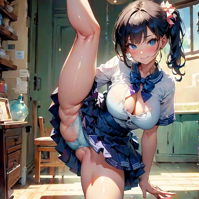 (masterpiece), (best quality), smile brightly, 1 woman, 25 years old, bewitching, show off underwear, frilled underwear:1.2, blue color underwear, layered skirt, swell one's loins++, fullback underwear , large , cute outfit:1.2, (leg up, grab knee, standing split) , skirt, cinematic,Realistic Flesh,The bite is clear,Stylish pantie