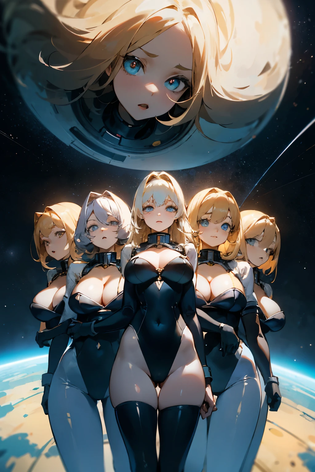 Masterpiece, 4girls, each dressed in sleek black spacesuits. The maids are wearing identical uniforms, beauty and cute, high detailed, dinamic lighting, vivid colours, ultra large saggy breasts, massive cleavage exposed, A giant spacecraft navigating interstellar space, Sophisticated design, huge geometric figures stacked in layers,standing, white skin, blue eyeballs, blonde hair, happys, various hair styles, harem, perfect eye, perfect face, Symmetrical eyes, well-aligned, with a natural and proportionate gaze, Observing their master with a servile gaze.