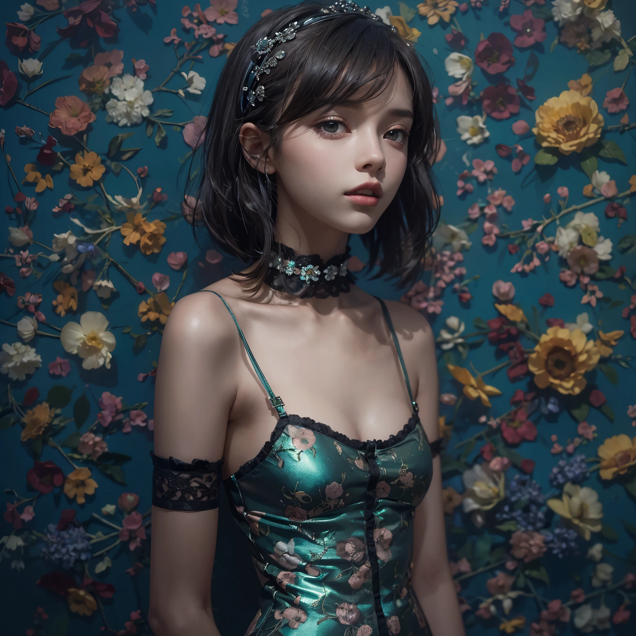eroticphoto surreal ultra high resolution ultimate real photo Ultimate ultra-detailed photo Ultimate super delicate photo Ultimate ultra-definition photo Ultimate realism A skinny and erotic 15-year-old beautiful girl with an unusual and delicate braided short hair style photographed in a pitch-dark photography studio. Beautiful lighting for the subject beautiful deep shadows A voluptuous and beautiful young teen model with a perfectly proportioned body, 165cm tall. beautiful and perfect skinny body Beautiful, moisturized, super delicate and erotic skin Sensual private photos erotica Feminine Frenchie costume with micro mini skirt designed in black, turquoise, emerald green, yellow, matte silver, tartan and floral patterns Small floral headband and choker full body view Inside the spaceship