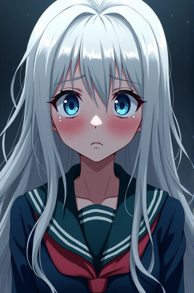 Boku no hero academia template a 15 year old girl with long white hair and blue eyes wearing the ua uniform (crying)
