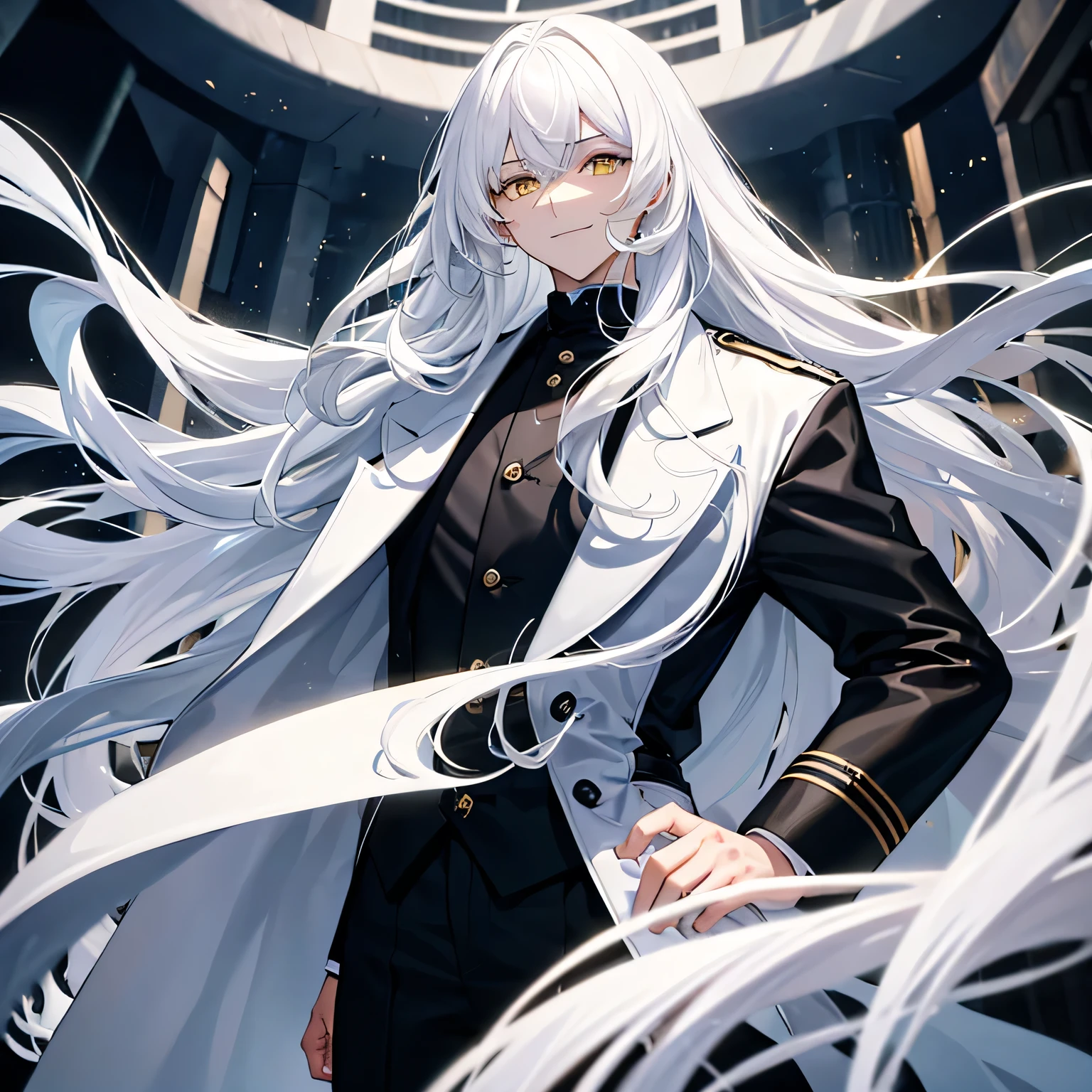 A handsome man. Vibrant yellow eyes. Long fluffy hair with bangs. White eyelashes. Smiling playfully. Black shirt. Long hair. One person. White hair.wearing all black trench coat , and a white shawl