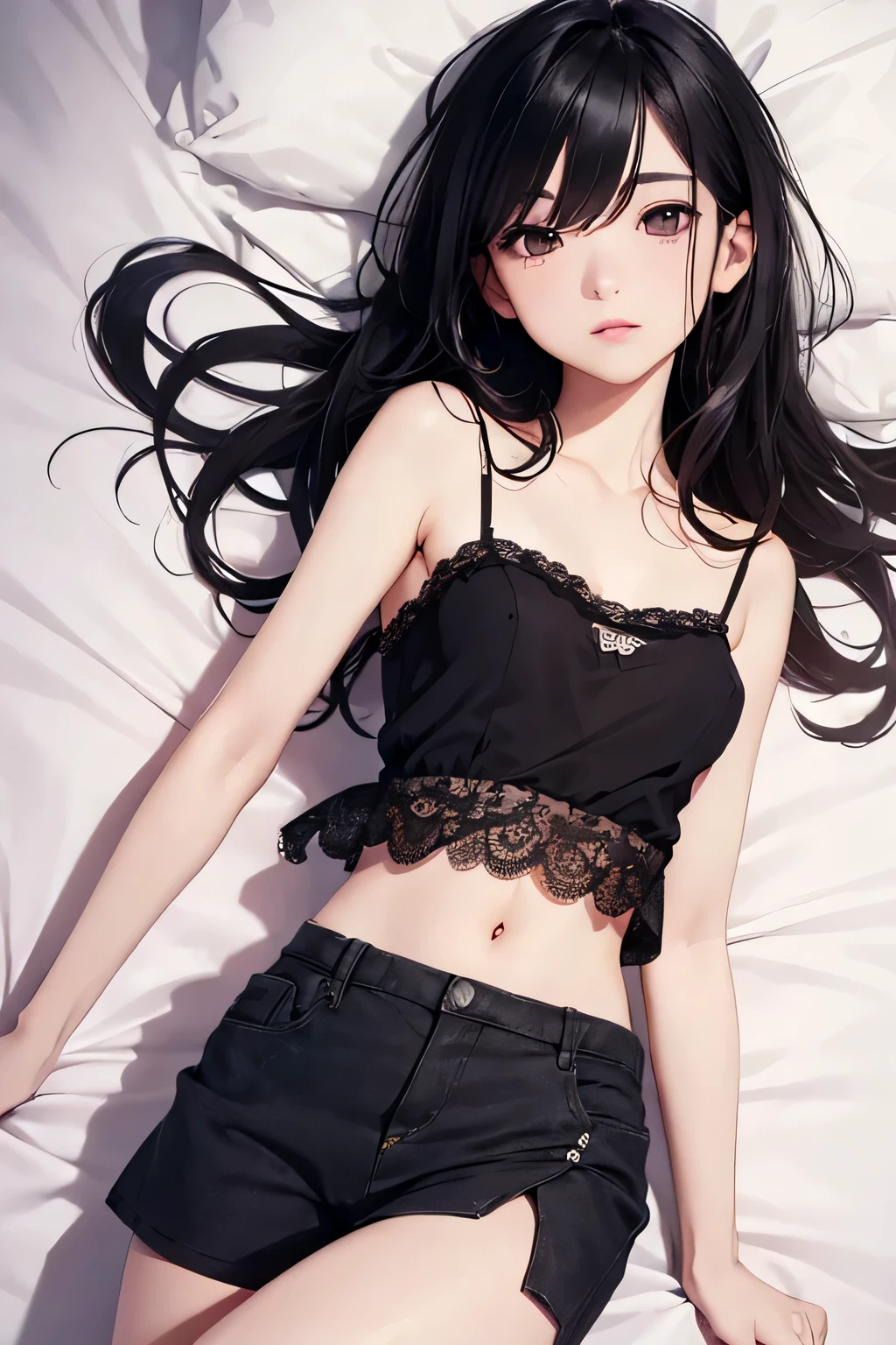 ((Highest quality)), ((2D)), (Small eyes), Perfect Face,,Beautiful Face,Slit eyes,Narrow eyes,bed,Small breasts,Thin arms,Skinny,Lace camisole,Black Hair,Pink nipples