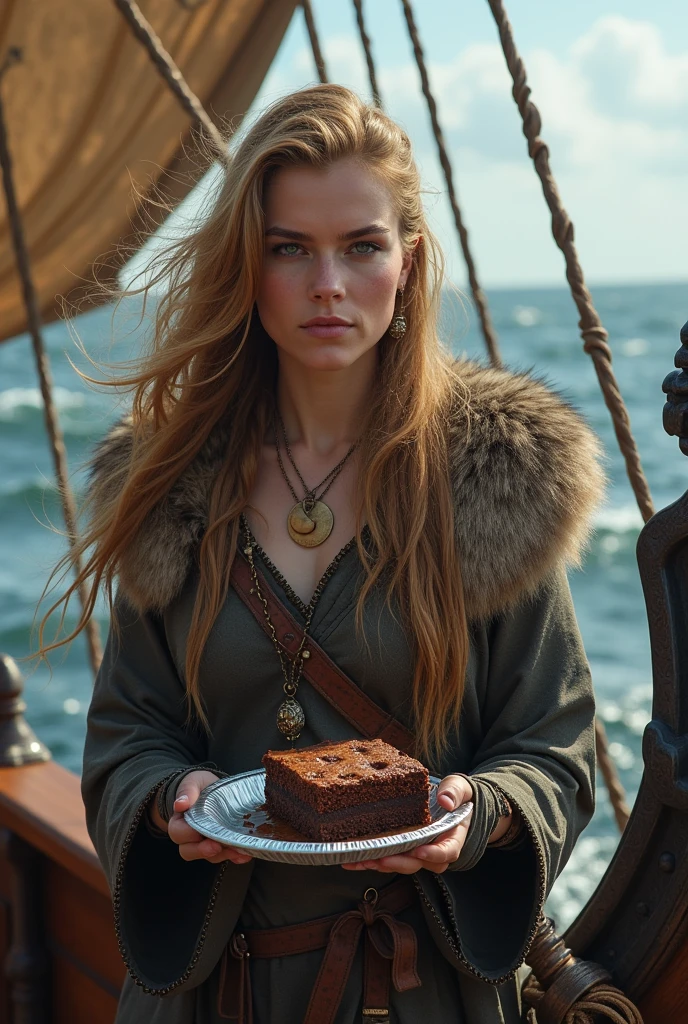 Viking woman on a ship,eating brownie on small aluminum tray .