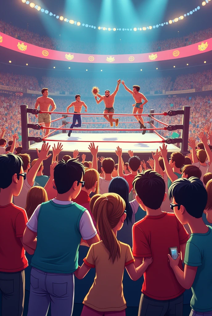 Generate an image in front of me with a cartoon-style audience watching wrestling, taking pictures, raising hands, euphoric.