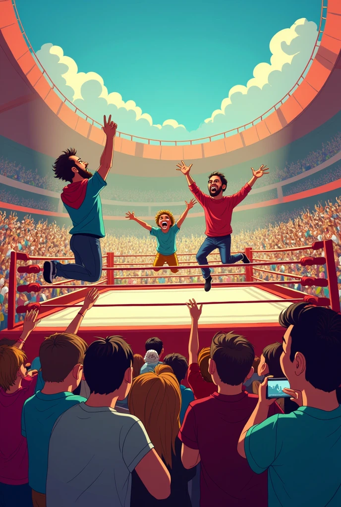 Generate an image in front of me with a cartoon-style audience watching wrestling, taking pictures, raising hands, euphoric.