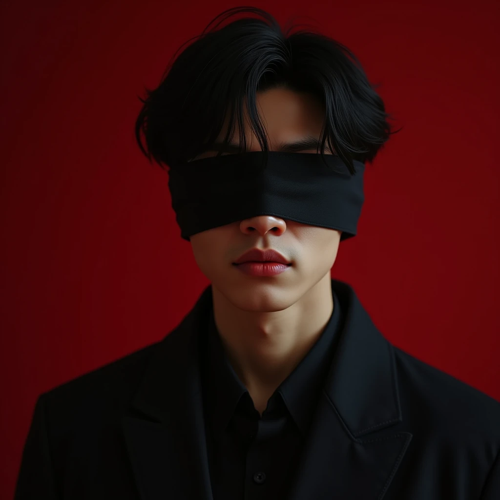 (photorealism:1.2),A Young Men A young Men with a Korean-like hairstyle with  a cloth over his eyes and his background being dark red 8k Realistic