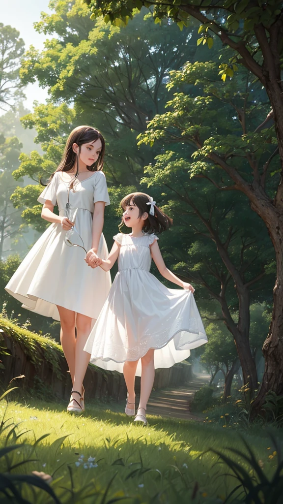 Two girls in white dress, climbing up a hill with a single tree behind them, holding hands while one carries a lamp in her hand