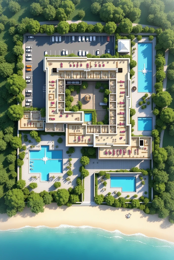 
1D beach hotel floor plan containing reception area, a restaurant, The recreation space, the rooms, A SPA area, An area for people with disabilities, 3 swimming pools, Connection with green areas, That can be like an open space, The L-shaped parking lot One part in front and the rest alongside, 2 closed sewage wells in the green area outside the hotel