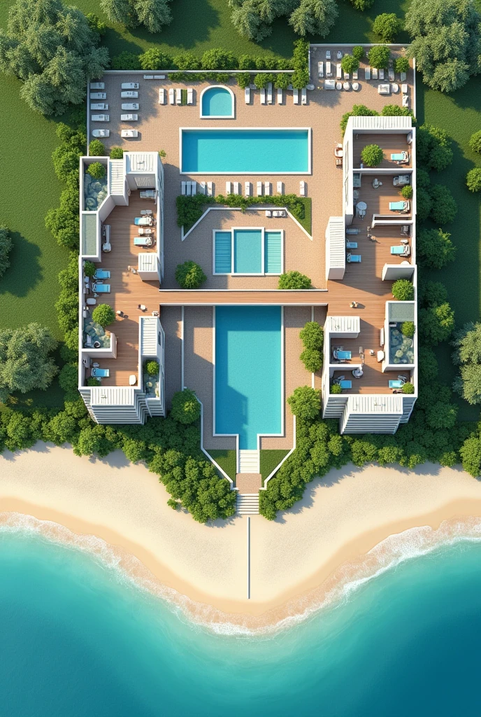 1D beach hotel floor plan containing reception area, a restaurant, The recreation space, the rooms, A SPA area, An area for people with disabilities, 3 swimming pools, Connection with green areas, That can be like an open space, The L-shaped parking lot One part in front and the rest alongside, 2 closed sewage wells in the green area outside the hotel