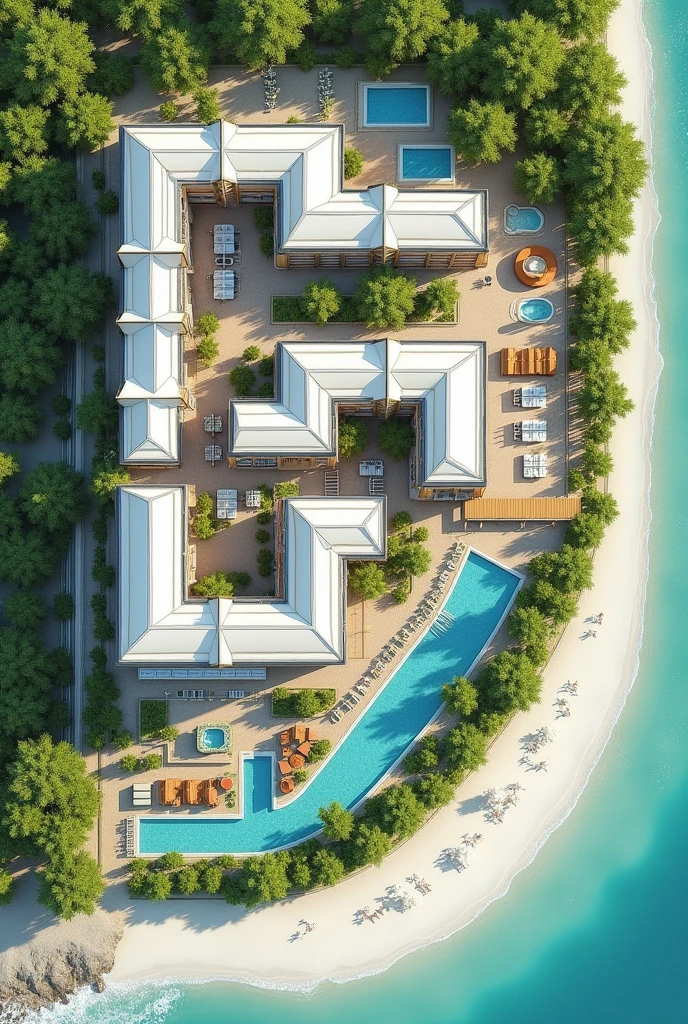 1D beach hotel floor plan containing reception area, a restaurant, The recreation space, the rooms, A SPA area, An area for people with disabilities, 3 swimming pools, Connection with green areas, That can be like an open space, The L-shaped parking lot One part in front and the rest alongside, 2 closed sewage wells in the green area outside the hotel