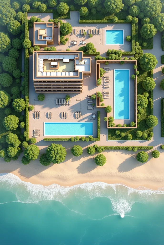1D beach hotel floor plan containing reception area, a restaurant, The recreation space, the rooms, A SPA area, An area for people with disabilities, 3 swimming pools, Connection with green areas, That can be like an open space, The L-shaped parking lot One part in front and the rest alongside, 2 closed sewage wells in the green area outside the hotel