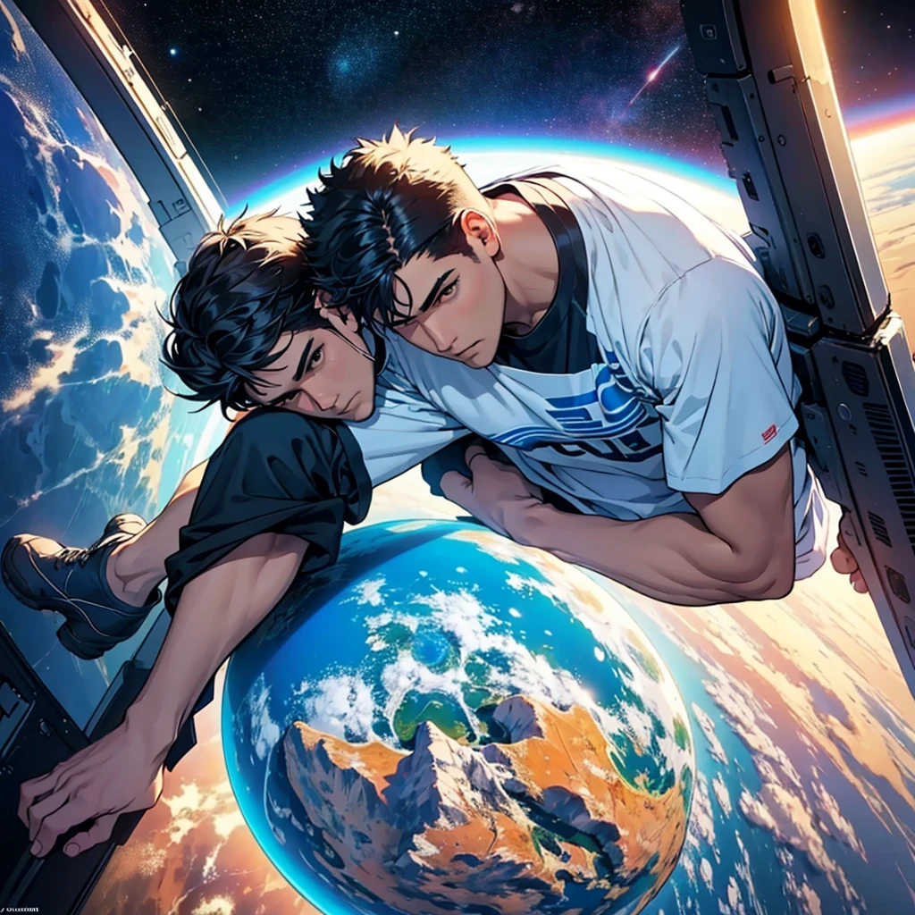 To clarify, are you asking for a prompt to generate an image of a boy sitting on a earth with yash Is his name printed on the T-shirt? On space