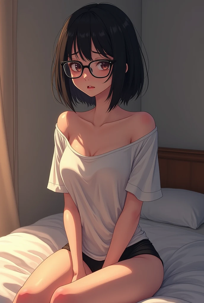 OL 23 years old slender Glasses Beauty Black Hair Short Bob Boyfriend'sTshirt Panties No bra Boyfriend's部屋 Embarrassed expression Sit on the bed Light pigmentation draw a thin line The chest is small I'm not wearing pants Nipples are visible