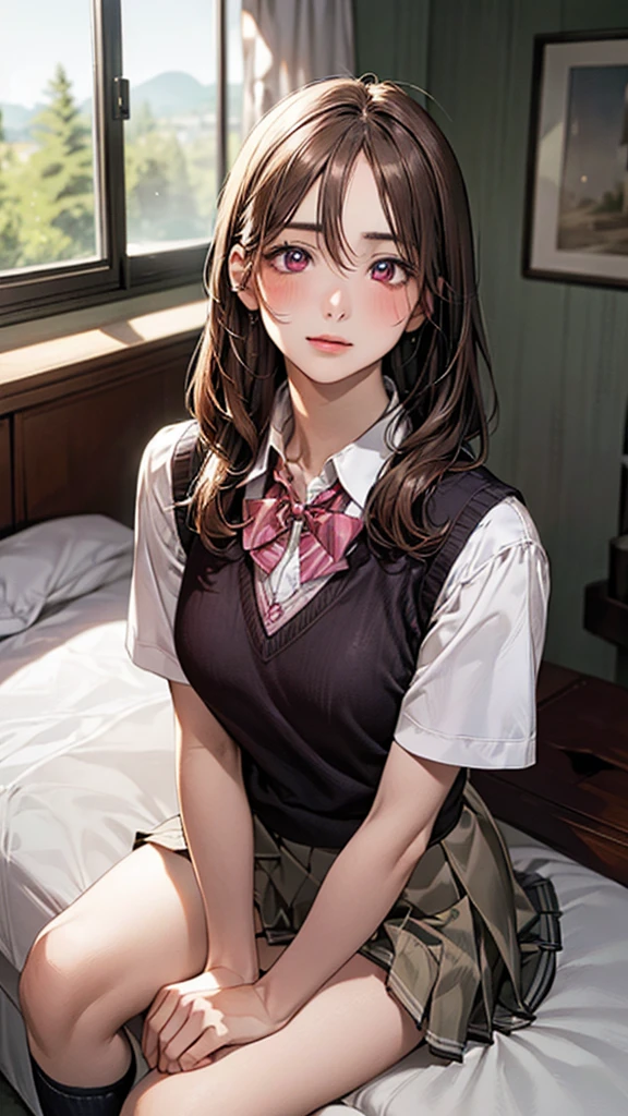 (masterpiece:1.2, top-quality), (realistic, photorealistic:1.4), beautiful illustration, (natural side lighting, movie lighting), 
looking at viewer, 1 girl, japanese, high school girl, perfect face, cute and symmetrical face, (perfect anatomy, anatomically correct, super detailed skin), shiny skin, 
(middle hair, straight hair, sideburns:1.2 chestnut brown hair), hair between eyes, red eyes, long eye lasher, (large breasts:0.8), perfect body, 
beautiful hair, beautiful face, beautiful detailed eyes, beautiful clavicle, beautiful body, beautiful chest, beautiful thigh, beautiful legs, beautiful fingers, 
(detailed cloth texture, break,break, white collared shirt, break,break, khaki knit vest, break,break, light grey pleated skirt, break,break, red bow tie), socks,
(beautiful scenery), evening, (pink girl's room:1.2), sitting bed, headf tilt, (uneasiness, no mouth),