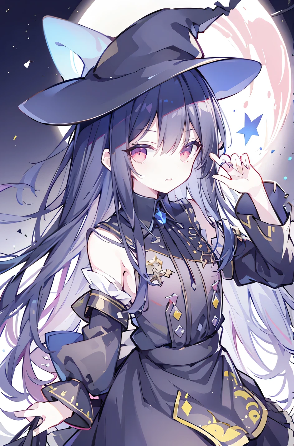 oung Girls,Humanity,A magician always smiles,big witch hat,cute,dark blue long hair,The eyes are dull,The bangs are heavy,Thin eyebrows,fantasy,intake,Double teeth,Star Theme,Constellation pattern,Solid color clothetal decoration,cloak,A bit of a dark atmosphere,A little crazy smile,When the big moon shines outside at night,blood,Hair black star embellishment,Short tie,No nails,High waist skirt,Bell sleeves,Long-sleeved shirt,Black tie,low risk,gentlemen。Mist、Yellow and white effect,Shocking pink as an accent color