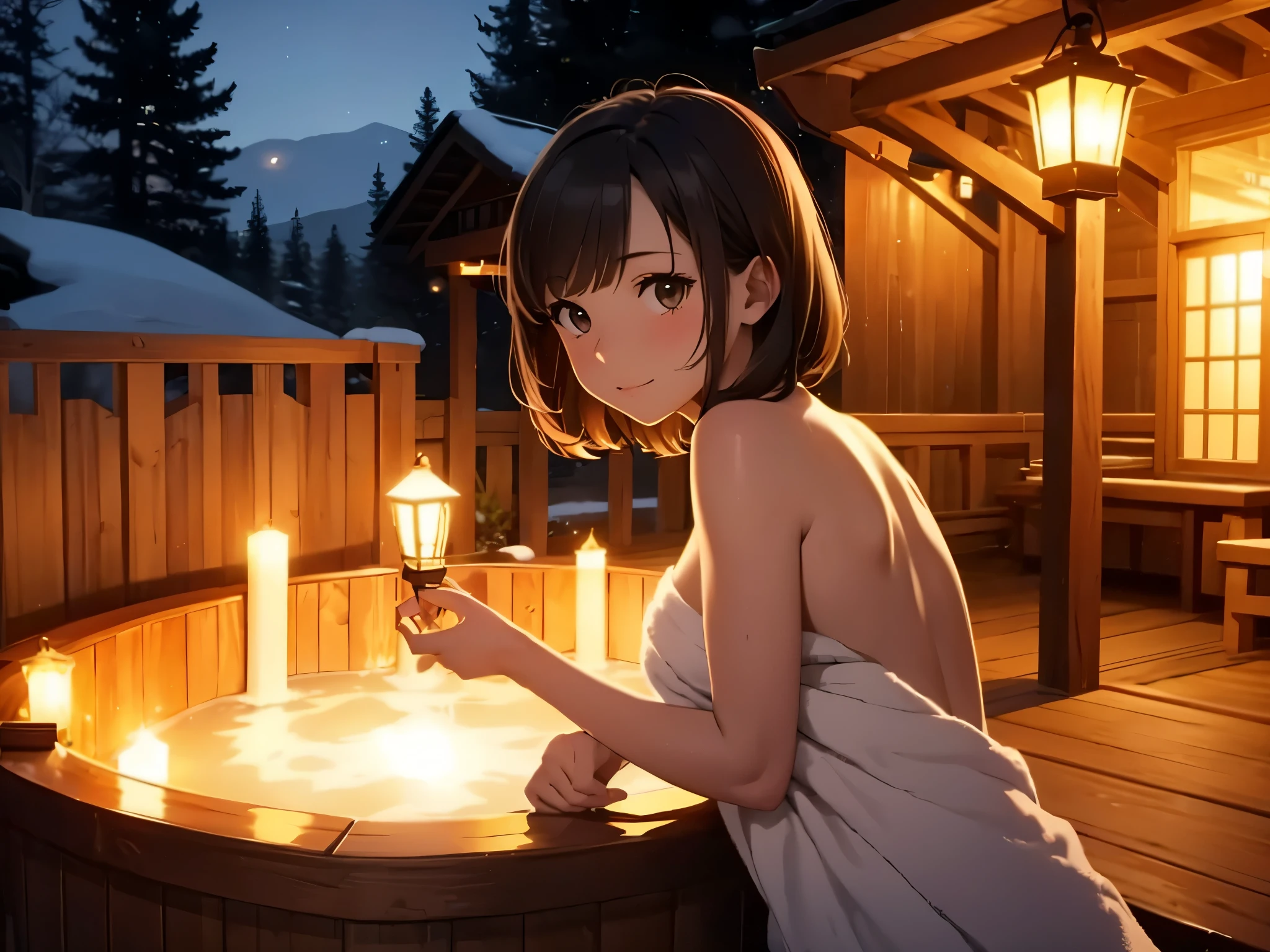a cute brunette girl with short hair, naked, open towel, stepping into a hot tub at night, outside, deck, winter, lantern, light from lantern