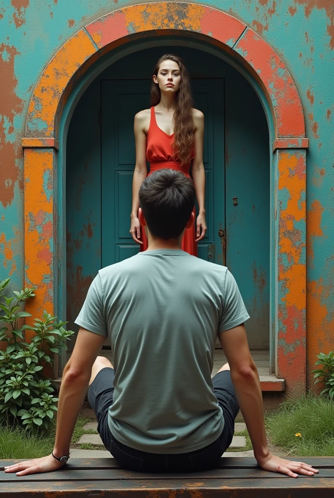 Confused young man sitting on a bench with his back turned (in front of a colorful old mural) and sees a woman emerge from the mural