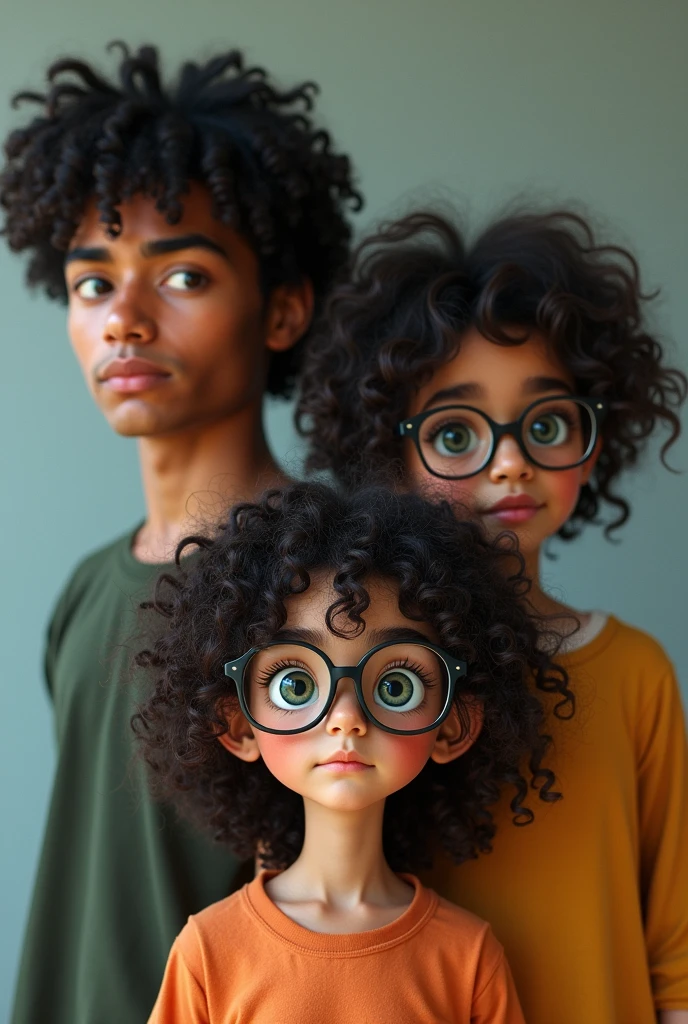 A tall boy with black hair, light brown complexion black hair black eyes straight hair wearing loose but youthful and fashionable clothes with a cold expression , In the middle a girl with curly hair, glasses, white skin, green eyes and black hair color and dressed in a dress with straps that shapes her body and another boy with fair skin and curly hair, black eyes and a happy expression