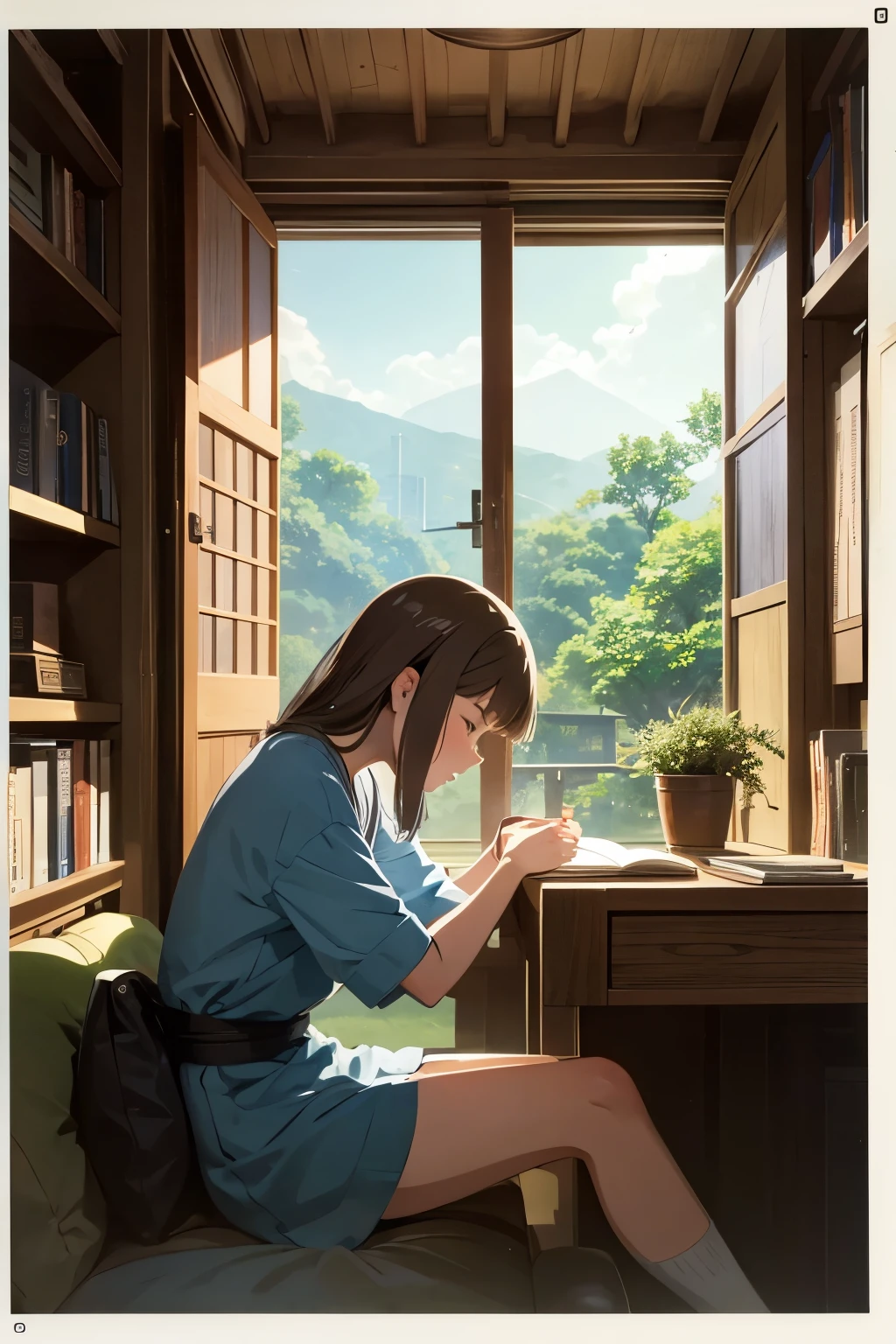 Ghibli style、、reading、profile、night、machine、Inside the room、Window、readingをする、Anime Style、Mug、machineの上に植物、The book opens sideways、Turn the whole body to the left、Sitting、Cheek resting on hand、Hand-drawn style、The angle of view is above the upper body