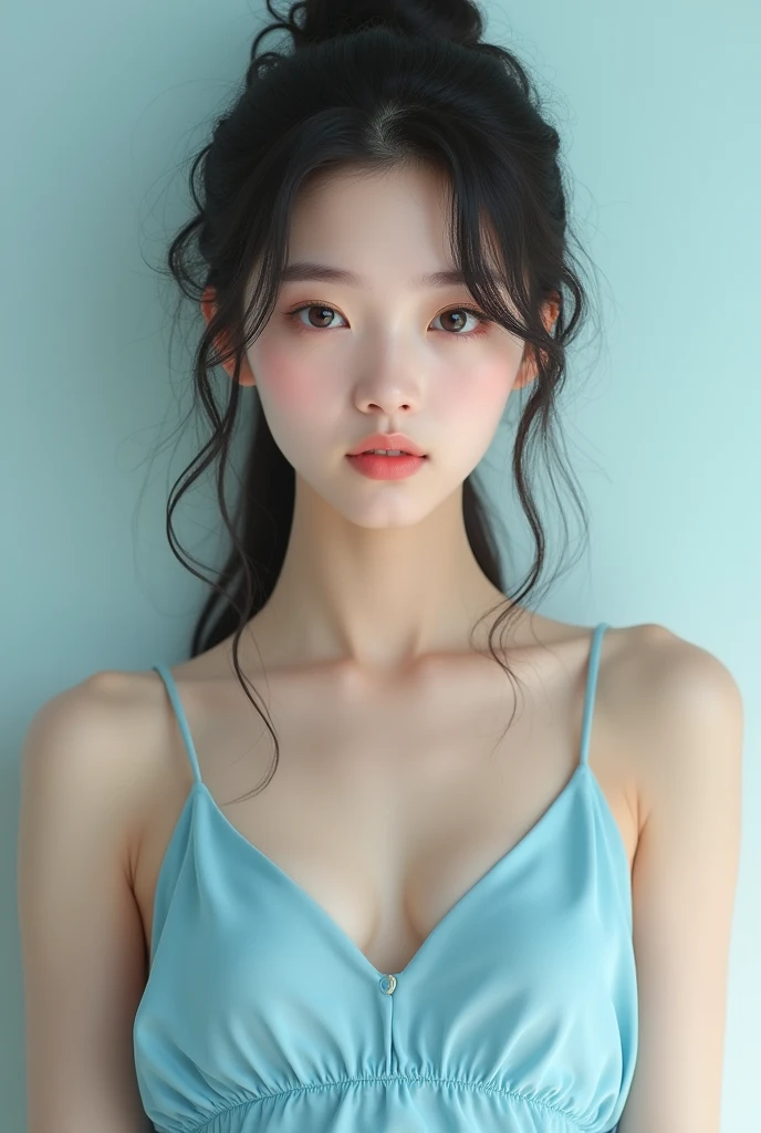 A light-skinned Korean woman, looking straight ahead, with a small chest, wearing sky blue summer clothes, with a good view of her chest, full body