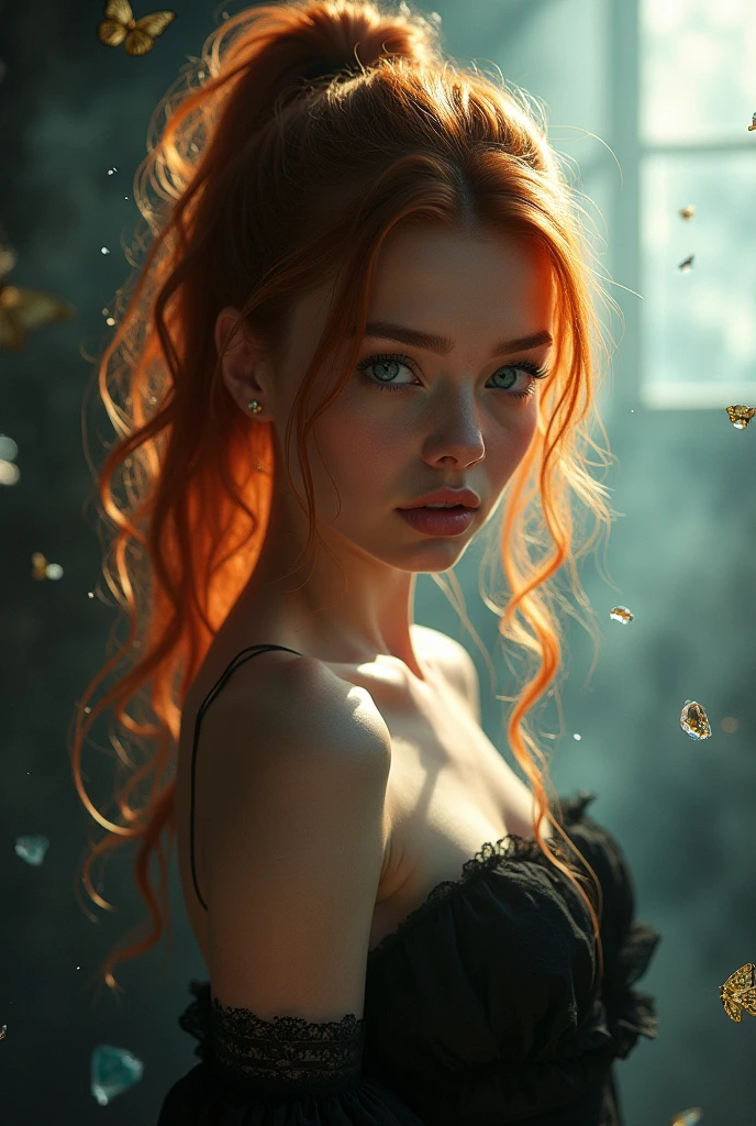 (solo, full body photo:1.3), (action packed:1.3), (haze, fog, mist:1.3), chiaroscuro, best quality, photorealistic, 1woman, (cute), (24yo:1.2), redhead, long ginger hair highly detailed, 1700'S, digital photography, art by artgerm and ruan jia and greg rutkowski surreal painting gold butterfly filigree, broken glass, (masterpiece, sidelighting, finely detailed Fashionable eyes: 1.2) (perfect oval large eyes that gazes at the viewer), beautiful detailed face, blue gorgeous perfect eyes, (blonde hair ponytail), (attractive young woman:1.3), (thick amazing hair), (seductive:1.1), (blushing:1.1)