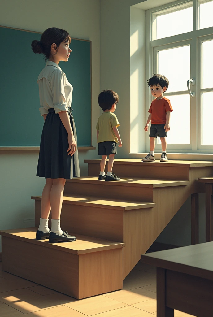 Make an image of a teacher who is arranging her students on a three-step staircase. On the bottom step there is a child who does not have much money. On the second step there is a child who is distracted by something else because he has attention deficits. And on the last step there is a child who has a lot of money.