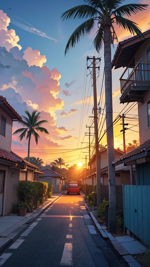 Digital illustration depicting a vibrant sunset scene in a tropical setting. The layout features a street lined with palm trees and small houses with tiled roofs on the left side. A classic red car is parked on the street, facing away from the viewer, with its license plate visible. The sky is ablaze with shades of orange, red, and purple, casting a warm glow over the entire scene. Power lines stretch across the sky, The overall atmosphere is serene and nostalgic, capturing the beauty of a tropical sunset. The artist's signature is present in the bottom right corner.